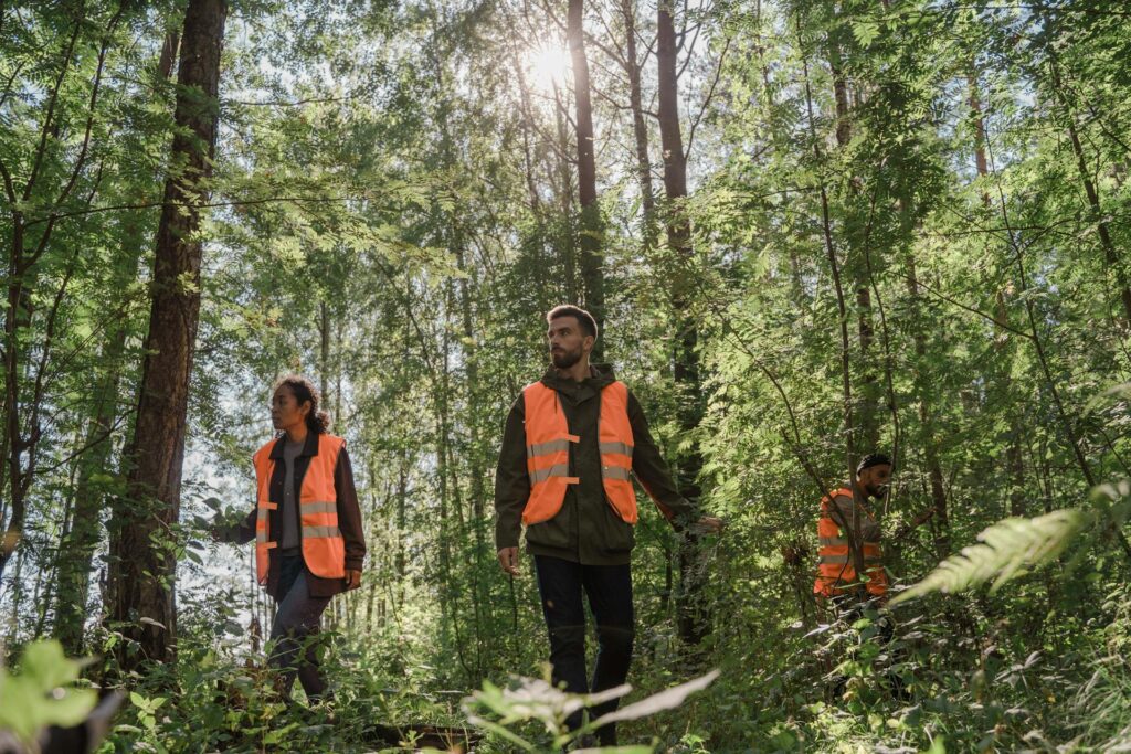 Trois volontaires, un homme et deux femmes parcourent une forêt et portant des gilets de sécurité orange. S'engager rend heureux.